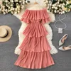 Korean Style Elegant Sexy Slim Fairy Dress Women Fashion Slash Neck Short Sleeve Cake Vestidos Girls Knee-Length Robes 210601