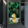 Зеленая входная роспись Golden лодка птица стена искусства картинки для гостиной домашний декор тропические растения плакаты холст печать