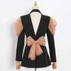 TWOTWINSTYLE Casual Hollow Out Blazer For Women Notched Long Sleeve Patchwork Mesh Hit Color Blazers Female Fashion 211122