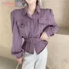 AELEGANTMISカジュアル韓国のサッシ紫色のブラウスシャツ女性ソフトシックなひねりベルトのエレガントなビンテージGary 210607