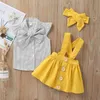 Style d'été enfants ensembles décontracté sans manches simple boutonnage Dot hauts jaune solide jupe arc coiffure enfant vêtements 210629