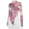 CNYISHE Long Sleeve Turtleneck Skinny Bodysuit Spring Women Overalls Sexy Tie Dye Print Romper Female Jumpsuits 210715