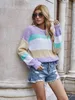 Qooth Patchwork Women Sweaters Bohemian Slim Jumper Knitwear Autumn Long Sleeve Pullover Holiday Rainbow Sweater Female QT324 210518