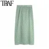 TRAF femmes Vintage élégant à pois plissé jupe mi-longue mode taille élastique côté fermeture éclair fente femme jupes Chic Faldas Mujer 210621