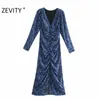 ZEVITY Kadınlar Vintage V Boyun Çiçek Baskı Pileli Gömlek Üstü Bayanlar Uzun Kollu Geri Fermuar Vestido Chic Split Elbiseler DS4516 210623