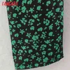 Women Green Floral Print Square Neck Long Sleeve Ladies Mini Dress Vestidos XN314 210416