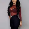 Sexy Women Blouses See Through Transparent Mesh Stand Neck Long Sleeve Sheer Blouse Shirt Ladies Tops Tee Plus Size 210607