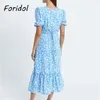 Föridol daisy print lång klänning kvinnor sommar blommig boho maxi wrap ny blå ruffle a-line svart 210415