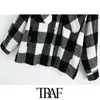 TRAF Giacca scozzese oversize moda donna Cappotto vintage Tasche a maniche lunghe Capispalla femminile Chic Top 211014