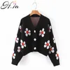 H.SA Arrivées d'hiver Femmes V Col Bouton Up Cardigans noirs Pull en cachemire doux manteau floral 210417