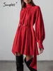 V-neck buttons pleated puff sleeves mini party dres Long sleeve frills A-line vestido Elegant high waist dresses 220311