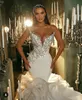 2021 Zeemeermin Trouwjurk Tiered Ruches Lange Trein Beaded Bruidsjurken Saoedi-Arabische Luxe Vestido de Novia