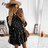 Casual Black Polka Dot Sukienka Elegancka Wzburzyć Krótkie Kobiety Kobiet Z Długim Rękawem Wiosna Jesień Vestido De Mujer Boho 210427