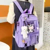 5-piece Fashion Women's Backpack Pure Color Cute Cartoon Student School Bag Canvas Large Capacity Lightweight Travel Backpacks 220209