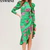 Femmes Floral Print Midi Robe asymétrique Cordon de serrage Jupe à volants Cravate Drapée Manches Haute Décolleté Chic Femelle Mujer 210520