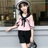 Clothes For Girls Solid Off Shoulder Shirt + Shorts Suit Summer Teenage Clothing Set 6 10 12 13 14 Year 210527