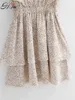 Femmes volants robes d'été sans manches élastique taille haute florale plissée robes en cascade mini robe robe 210430