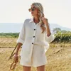 Verão dois peice conjunto para mulheres jaqueta de camisa branca com algodão macio e linho botão casual senhoras conjuntos de terno 210508
