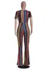 Kvinnors Jumpsuits Rompers 2021 Kvinnor Striped Print Kortärmad O-Neck Wide Leg Bodycon Jumpsuit Sexy Club Party One Piece Romper Overaller