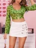 Women Summer Sexy Mesh Floral Printing Long Flare Sleeve T-Shirt Low Breast Navel Buttons Top Party Club 210428