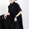 [EAM] Женщины черный большой размер случайные оборками плиссированные платье отворота с коротким рукавом свободные подходящие мода весна лето 1dd8524 210512