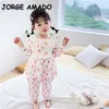 Gros printemps bébé pyjamas à manches longues coton fraise volantstop + pantalons longs homewear fille tenues E2038 210610