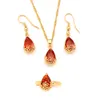 Water Drop Red Crystal Jewellery Set Pendant Necklace Earrings Ring 24k Fine Solid Gold GF cz big Rectangle Gem with Channel302E