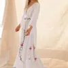 Bohemian Long Kimono Dress Floral Embroidery Vestidos Batwing Sleeve white Boho People Maxi es 210520