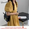 Yitimuceng ruched فساتين للنساء المعتاد نفخة الأكمام الضوء الأزرق الأخضر الأصفر أسود فستان الشمس الصيف الكورية أزياء اللباس 210601