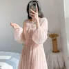 Women Button Puff Sleeve Pink Dress Sweet Mesh Lace Elegant V-neck A-line High Wasit es Mid-calf Vestidos Mujer 12915 210427