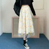 秋のハイウエスト3 dの花甘いプリーツのスカートの女性黄色い刺繍レース原宿韓国の女の子の学生Kawaii Long 210421