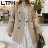 Ol Style Podwójne piersi Khaki Kobiety Blazer średniej długości Blazers i kurtki Dorywczo Dopasuj Lady Suit Coat Spring 210427