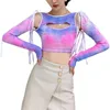 T-Shirt da donna Tie Dye Stampa Manica lunga Girocollo Slim Fit Scava fuori Abbigliamento Sexy Ladies Fashion Clubwear Top 210522