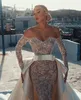 2021 Naken Mermaid Bröllopsklänning med avtagbara tåg Beading Sequins spetsar Långärmade brudklänningar Vestido de Novia