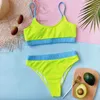 Ribbing Two-piece Suits 2023 Sexy Bikini Set High Waist Pleated Wavy Solid Neon Swimsuit Women Bandage BeachWear Monokini Swimwear Push Up Bathing Suit Biquinis S M L