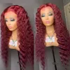 Long Deep Wave Burgundy Syntetisk Lace Frontal Wig för Kvinnor Mellandel Cosplay Party Water Vågig Paryker Högtemperatur Fiber Hair