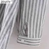 Kvinnor Vintage Stand Collar Striped Print Shirt Kvinna Dubbelfickor Patch Casual Business Blus Chic Blusas Tops LS9152 210416