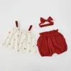Sommar baby bomull pojke tjej ärmlös sling kläder byxor huvudband tredelade barns jumpsuit 210417
