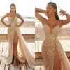 2021 Champagne Mermaid High Split Prom Dresses robes de soir￩e Cinghie senza spalline Pizzo Abiti da sera con perline Overskirt Sweep Train Tulle Party Dress