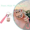 Keychains Silicone Pérola Leite Chá Fofo Keychain Luxo Kawaii para Senhoras Meninas Saco De Carro Charme Acessórios Presentes Presentes Anéis