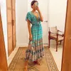 Jastie Long V-Neck Dress Beach Boho Floral Print Maxi Suknie Dla Kobiet Letni Krótki Rękaw Sukienka Party Female Vestidos 210419