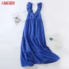 Tangada Kobiety Blue Haft Romantyczny Midi Sukienka Pasek Ruffles Bez Rękawów Moda Lady Eleganckie sukienki Vestido 6H19 210609