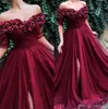 Burgundy Off The Shoulder Tulle A Line Long Evening Dresses 2022 Short Sleeves Ruched Split 3D Floral Formal Party Prom Wear Dresses BC1453