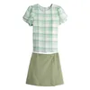 PERHAPS U Green Plaid Shirt Mini Skirt Two Pieces Set Women Summer Puff Sleeve T0442 210529