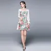 Runway Designer Vintage Square Collar Långärmad Floral Tropical Printed Patchwork Lace Chiffon Mini Dress Women 210421