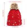 Estrela Pérola Rhinestone Red Hat para Mulheres Outono Inverno Pompom Quente Tampa Malha Sólida Cor Twist Senhoras Beanie Beanie Caps Presente de Ano Novo