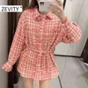 women vintage bow tied sashes tweed woolen shirt coat female long sleeve outwear casual chic plaid jacket tops CT591 210420