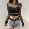 2020 Newest Hot Women`s Sexy Crop Top Sheer Mesh Fishnet Long Sleeve T-Shirts Female Sexy Hollow Out Stretch T-Shirt Clubwear X0628