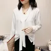 Mode femme Blouses 2021 nœud col en v bureau dames hauts à manches longues rouge en mousseline de soie Blouse femmes et C256 femmes chemises