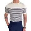 Man Summer Granatowy Styl Striped T-shirt Slim Fit Side Lina Detal Bawełna T Shirt Men Odzież